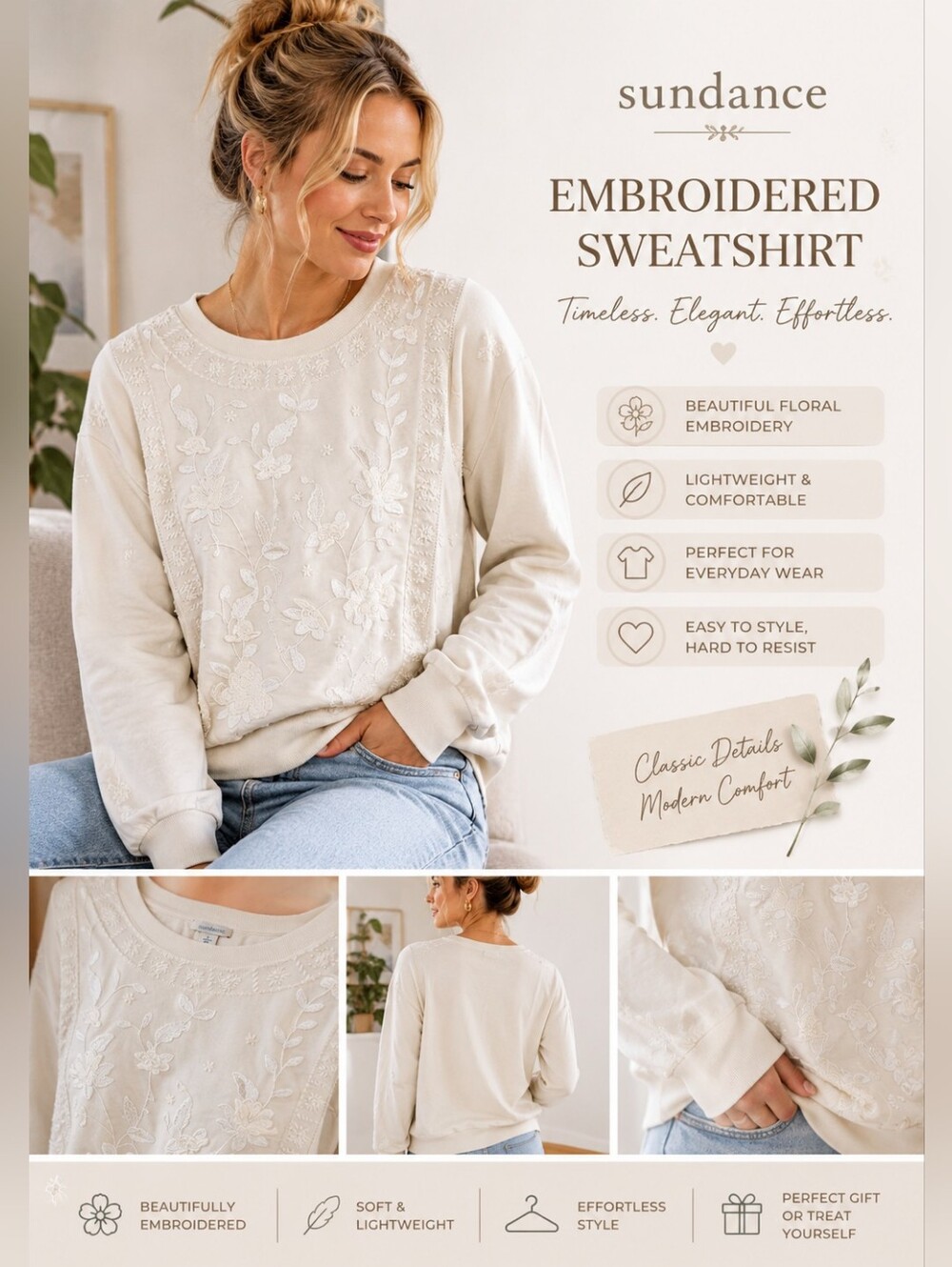 Sundance Cream Floral Embroidered Crewneck Sweatshirt Sz S Cotton